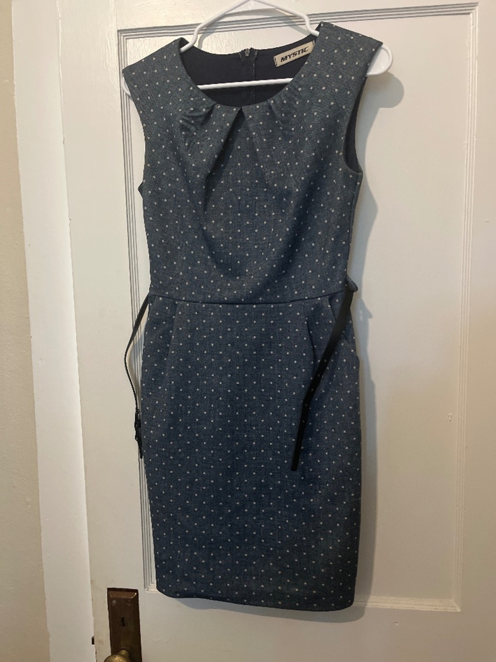 Mystic Blue Midi Sheath Dress With White Polka Dots and Black Belt